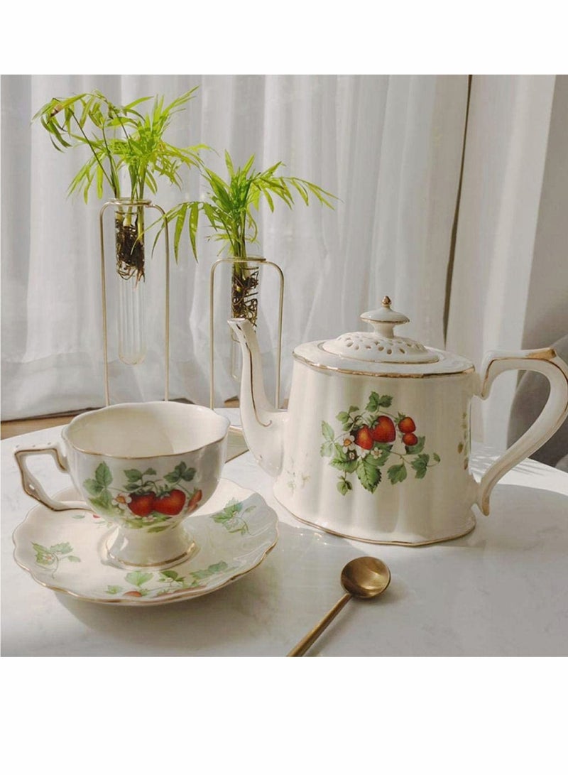 Vintage Porcelain Tea Cup Coffee Mug Set Morning with Gold Trim Gift Box Saucer Teaspoon 220ml ( Strawberry Cake)