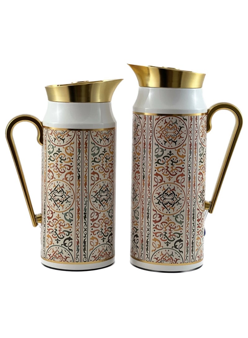 2-Piece Tea & Coffee Flask - 0.75 Liter & 1 Liter Capacity - Glass Inner - Steel Body - Multicolor Desing - Gold Handle