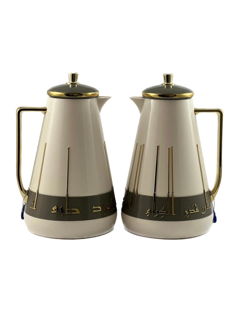 2-Piece Tea & Coffee Flask - 1 Liter & 1 Liter Capacity - Glass Inner - ABS Body - White & Grey & Gold