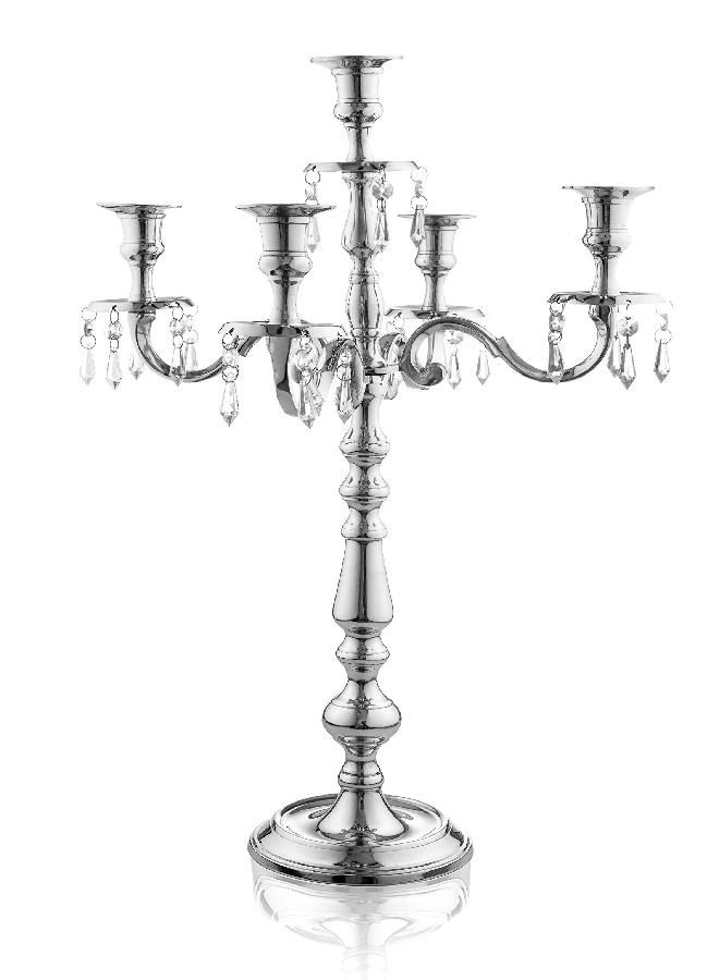 Klikel Traditional 24 Inch Silver Candelabras 5 Candle With Crystal Drops - Classic Elegant Design - Wedding, Dinner Party And Formal Event Centerpiece - Nickel Plated Aluminum