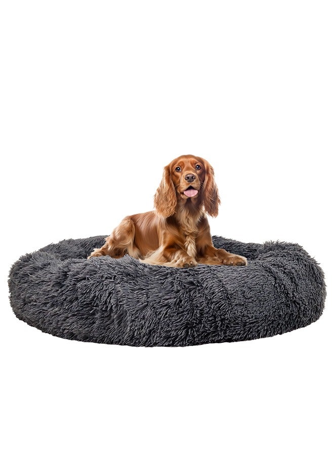 Faux fur round donut dog bed, Anti-anxiety self-warming pet bed, Large round plush dog bed for all sized pets, Soft warm fluffy , Machine washable 85 cm (Grey)