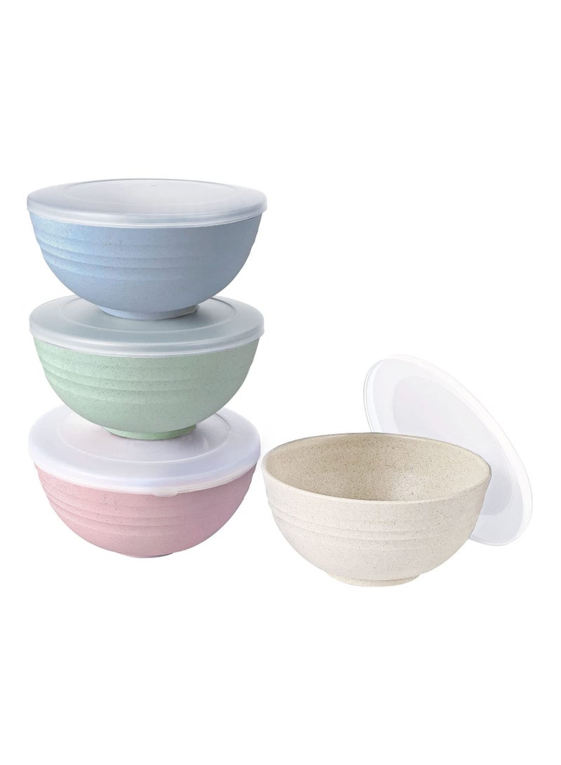 Wheat Straw Cereal Bowls, Soup Bowl with Dust-Proof Lid, 4 Pieces Wheat Straw Bowls, Microwave and Dishwasher Safe Reusable Bowls Set, for Soup, Oatmeal, Ramen, Salad