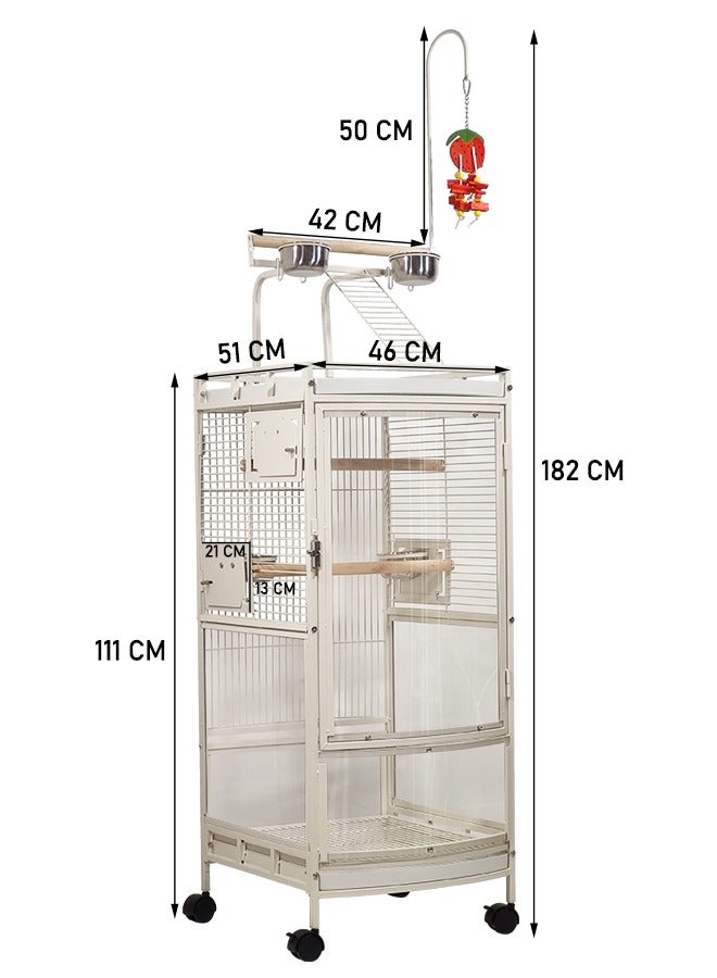 Transparent bird cage with play top area, Bird aviary with 4 wheels for Parakeets, Parrots, Love birds, Canaries and more, Stainless steel parrot cage acrylic door 182 cm (White)