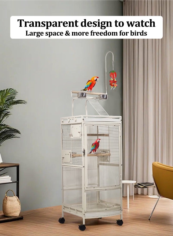 Transparent bird cage with play top area, Bird aviary with 4 wheels for Parakeets, Parrots, Love birds, Canaries and more, Stainless steel parrot cage acrylic door 182 cm (White)