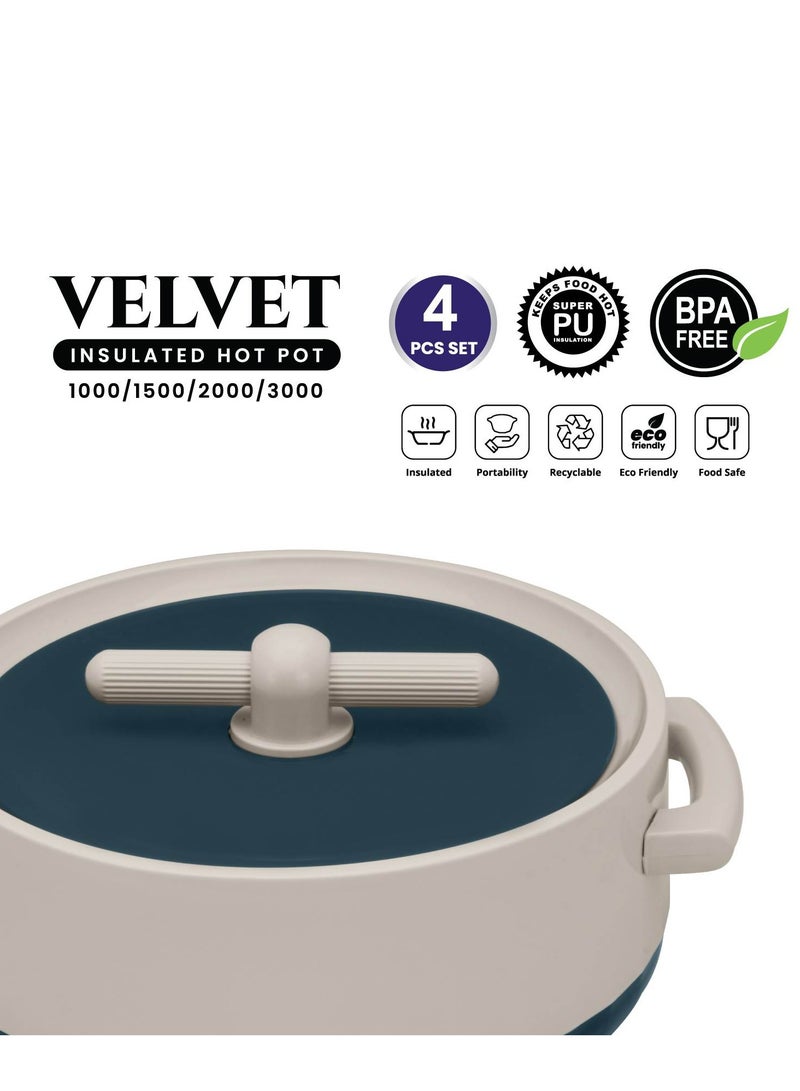 Selvel Velvet Insulated Hot Pot Green - 4Pcs Set (1000/1500/2000/3000), Phpv04-Green