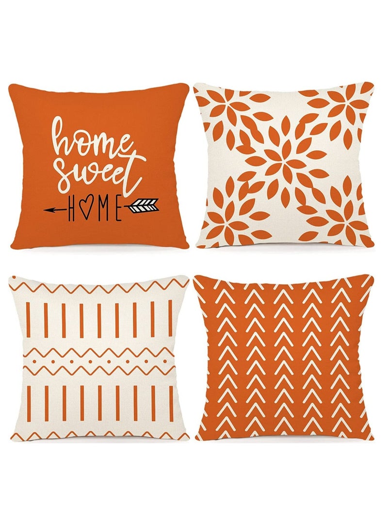 Throw Pillow Cover, Fall Decor for Home, Modern Sofa Throw Pillow Cover, Decorative Outdoor Linen Fabric Pillow Case for Couch Bed Car 45x45cm Orange Set of 4