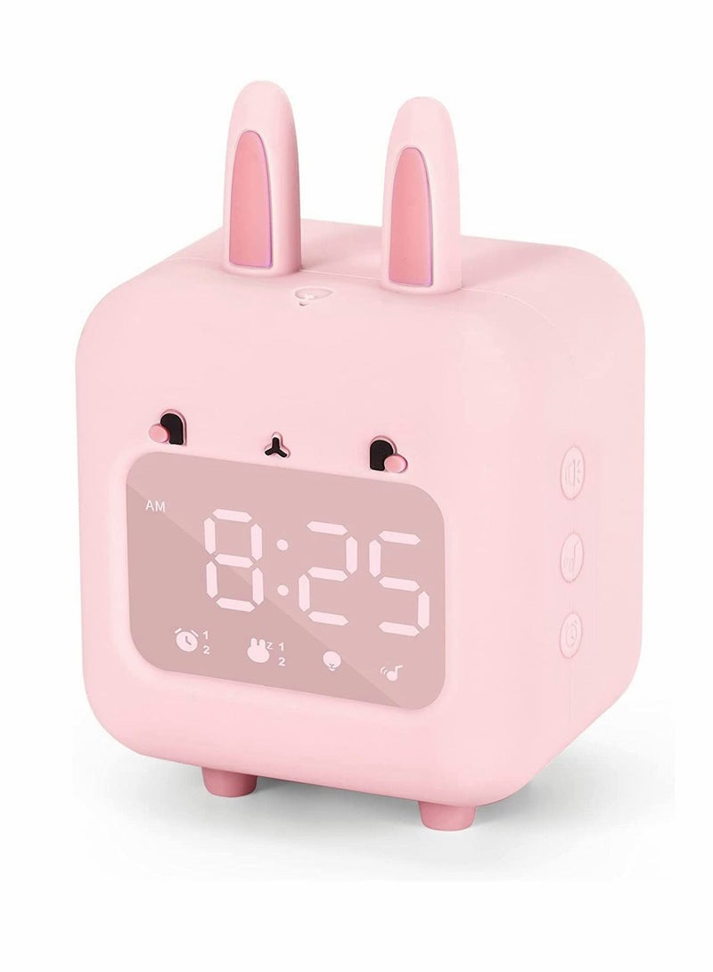 Kids Alarm Clock, Digital Night Light Sound Activated Chime White Noise Customizable Ringtones Cute Bunny Alarm Clock with USB