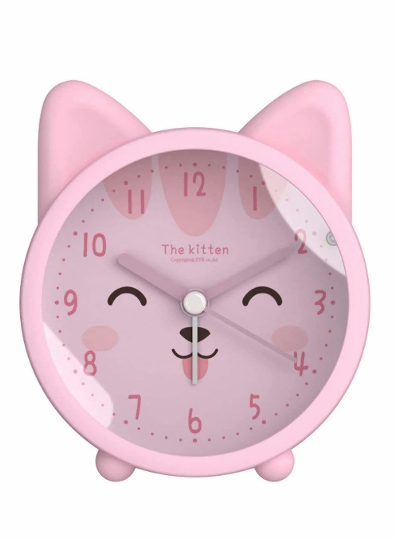 Children Alarm Clock, Silicone Cute Animal Kitten Silent Alarm Clock, No Tick Sound with Night Light Alarm Clock for Bedside Desk Office Children (Pink)