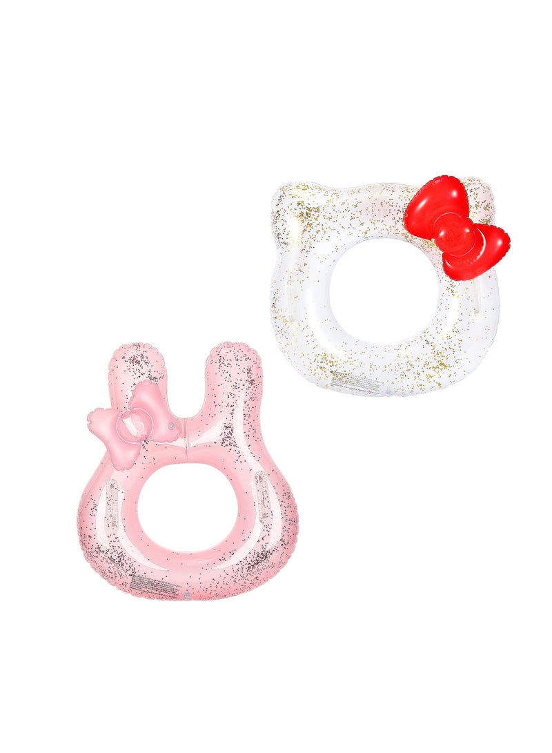 Inflatable Pool Float Tubes, Animal Cartoon Shape Swimming Rings Thicken PVC Flotation Swim Ring with Handle Beach Pool Party Supplies for Children (White Cat Pink Rabbit 2 Pack)