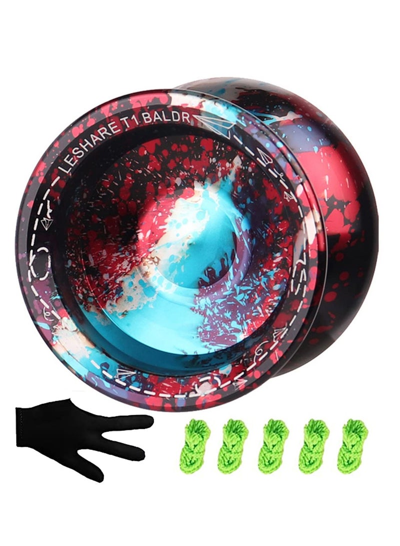 Ball Bearing High-Precision Professional Unresponsive Yoyo, Aluminum Yo-Yo for Kids Adults with 1 Glove and 5 Yoyo Strings (Mixed Color Red)