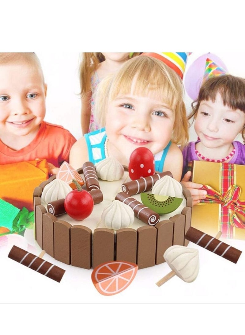 Wooden Birthday Cake Toy Kids Magnetic Dessert with Cutting Knife Fruit Toppings Chocolate and Vanilla Swirls Fun Kitchen Pretend Play Food Party Cooking Cutter Set, Educational Gift