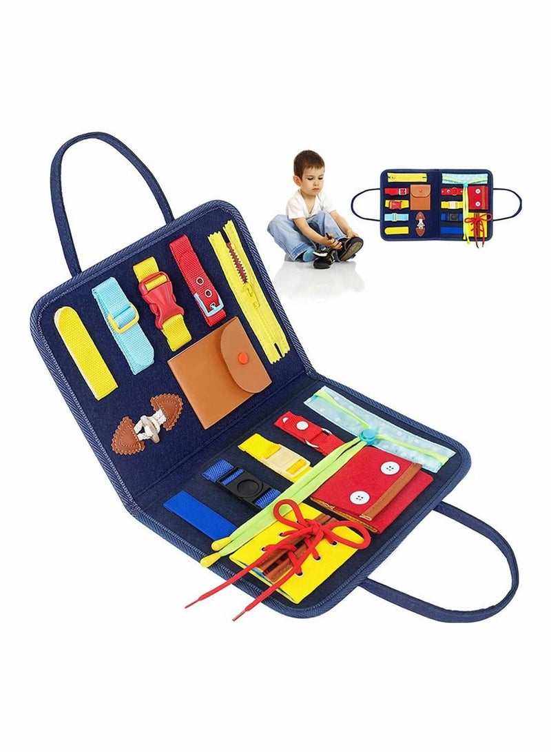 Toddler Busy Board, Montessori Toy Gifts for Fine Motor Skills & Learn to Dress, Sensory Toy for Aeroplane or Car Travel