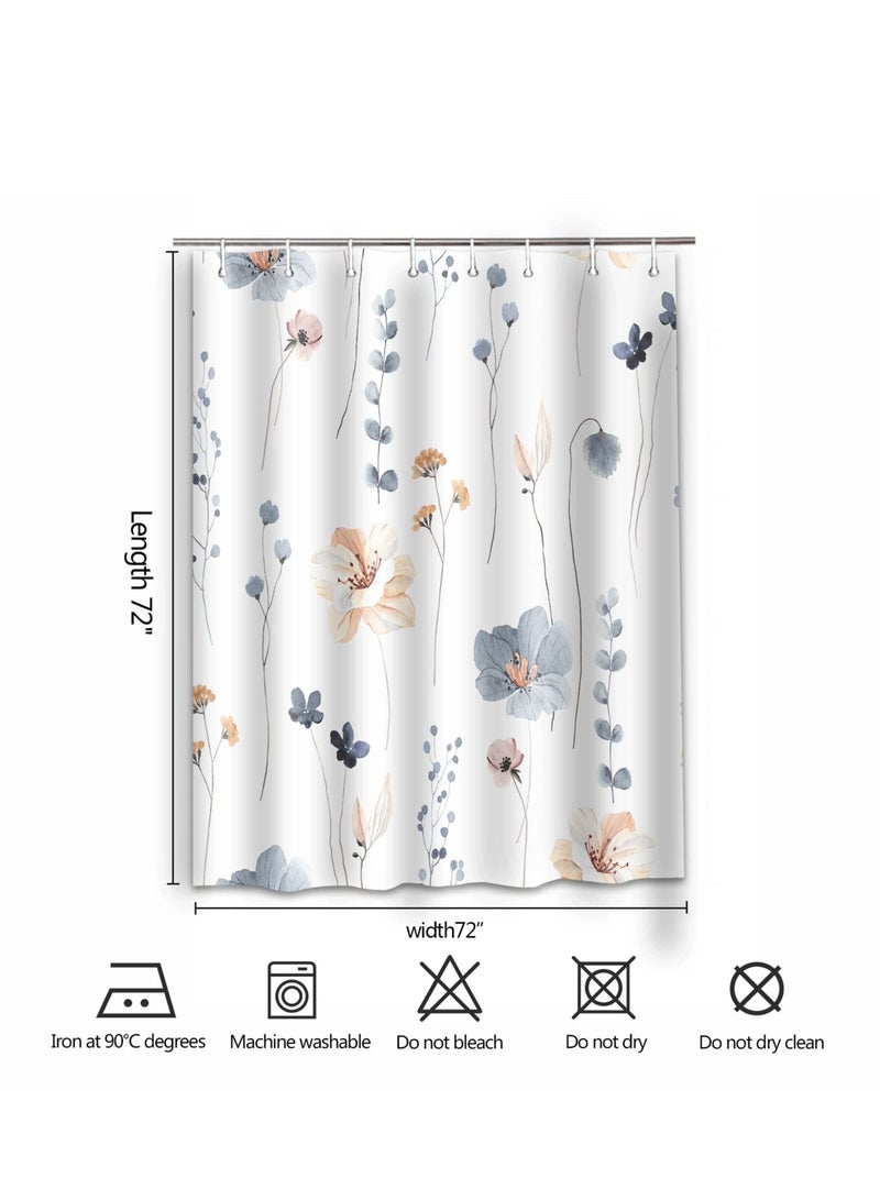 Watercolor Floral Shower Curtain Sets, Boho Floral Shower Curtain, Watercolor Blue Flowers Shower Curtain Sets, Modern Minimalist Waterproof Fabric Bath Curtain, with 12 Hooks (72x72 Inches)