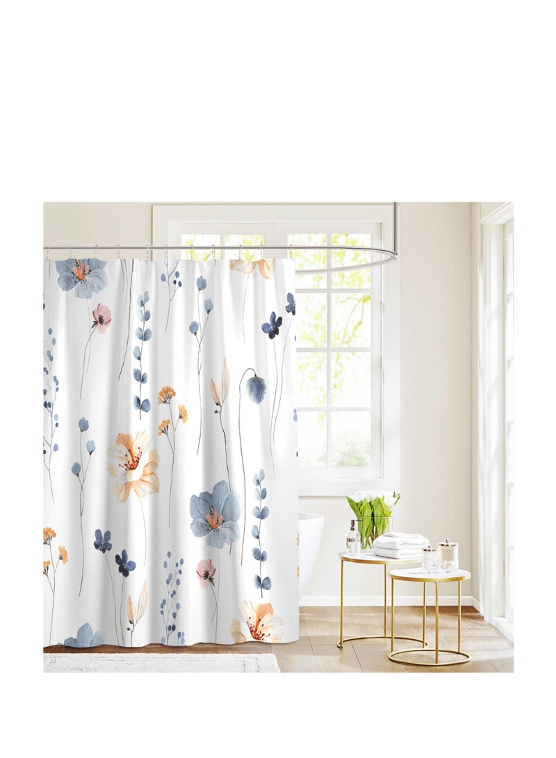 Watercolor Floral Shower Curtain Sets, Boho Floral Shower Curtain, Watercolor Blue Flowers Shower Curtain Sets, Modern Minimalist Waterproof Fabric Bath Curtain, with 12 Hooks (72x72 Inches)