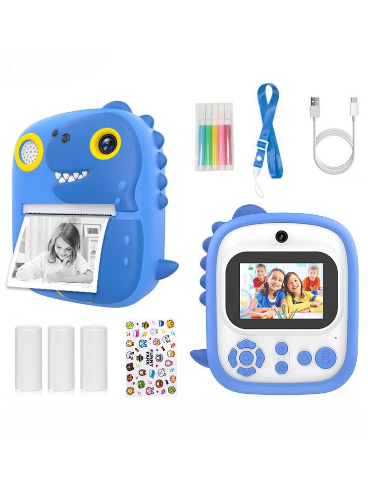 Instant Print Camera For Kids P3 Thermal Printing Camera For Children 3+ years old Front Rear Camera 2.4in Screen 1080P Video 32GB Memory Card T-Rex Dinosaur (Blue)