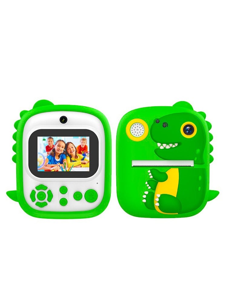 Instant Print Camera For Kids P3 Thermal Printing Camera For Children 3+ years old Front Rear Camera 2.4in Screen 1080P Video 32GB Memory Card T-Rex Dinosaur (Green)