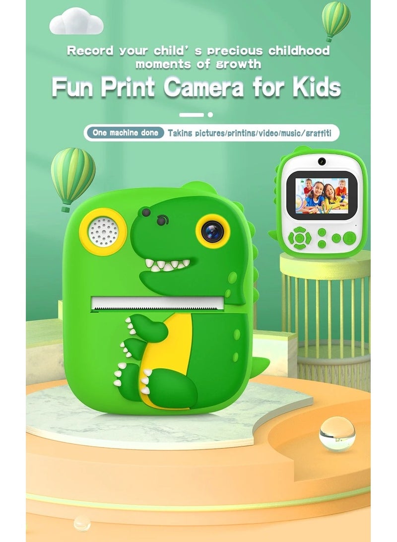Instant Print Camera For Kids P3 Thermal Printing Camera For Children 3+ years old Front Rear Camera 2.4in Screen 1080P Video 32GB Memory Card T-Rex Dinosaur (Green)