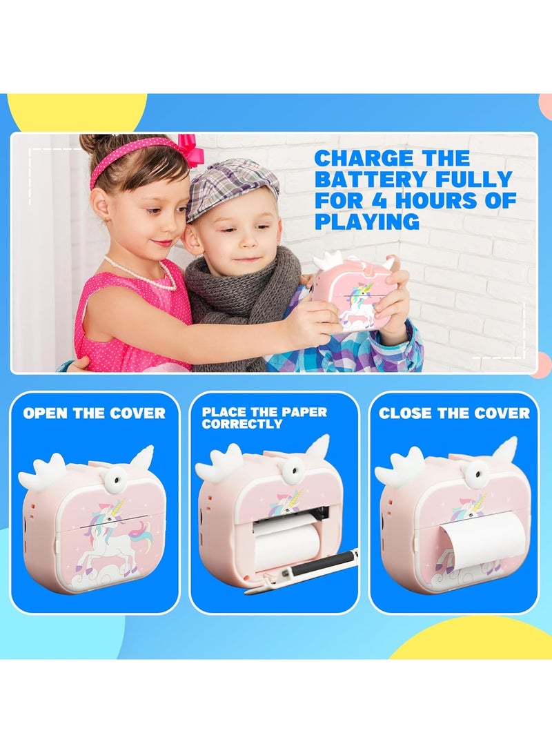 Photo Camera X3D Instant Print Camera Colorful Atmosphere Lights For Children 3+ Thermal Photo Paper MP3 Games Rotatable Camera 2.4in Screen 1080P Video 32GB Memory Card Unicorn (Pink)