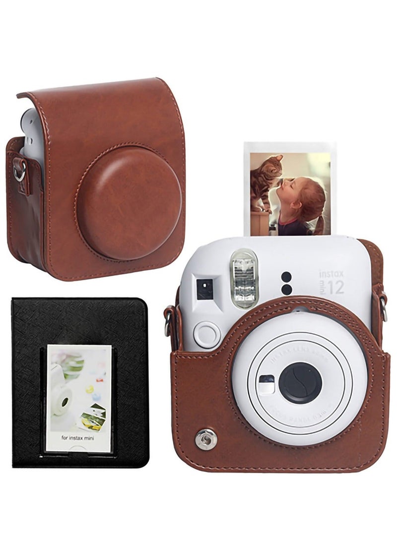 Case for Fujifilm Instax Mini 12 Camera Protective PU Leather Bag Cover with Adjustable Shoulder Strap and Mini Photo Album 64 Pockets (Vintage Brown)