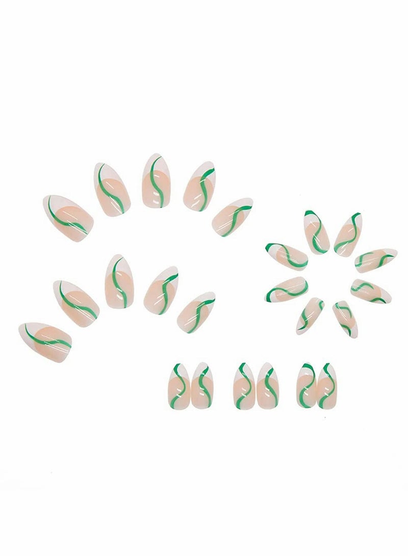 24 Pcs Almond French Nails Maiden Medium Length Stick on Nude White Stripes Acrylic Press Green Swirl Artificial Abstract Nail Art Tips for Women and Girls