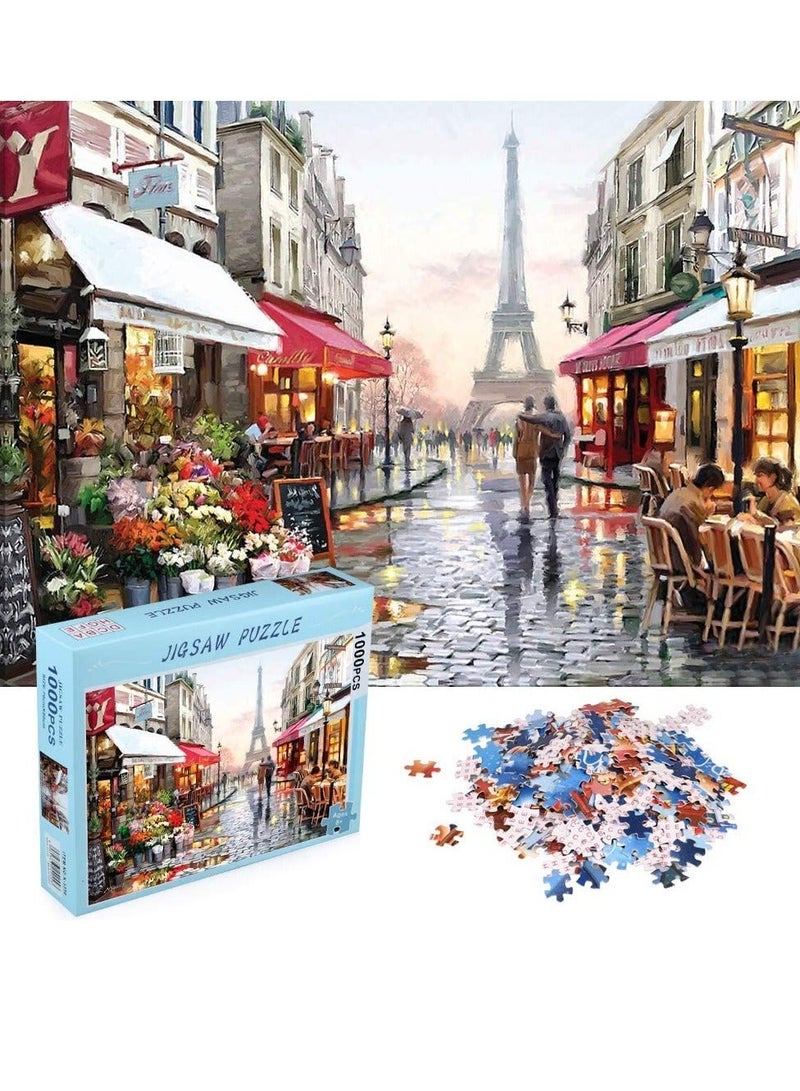 Jigsaw 1000 Piece Adult, Flower Shop Landscape Puzzle Under the Eiffel Tower, Puzzle Game for Family Play Toy Gift