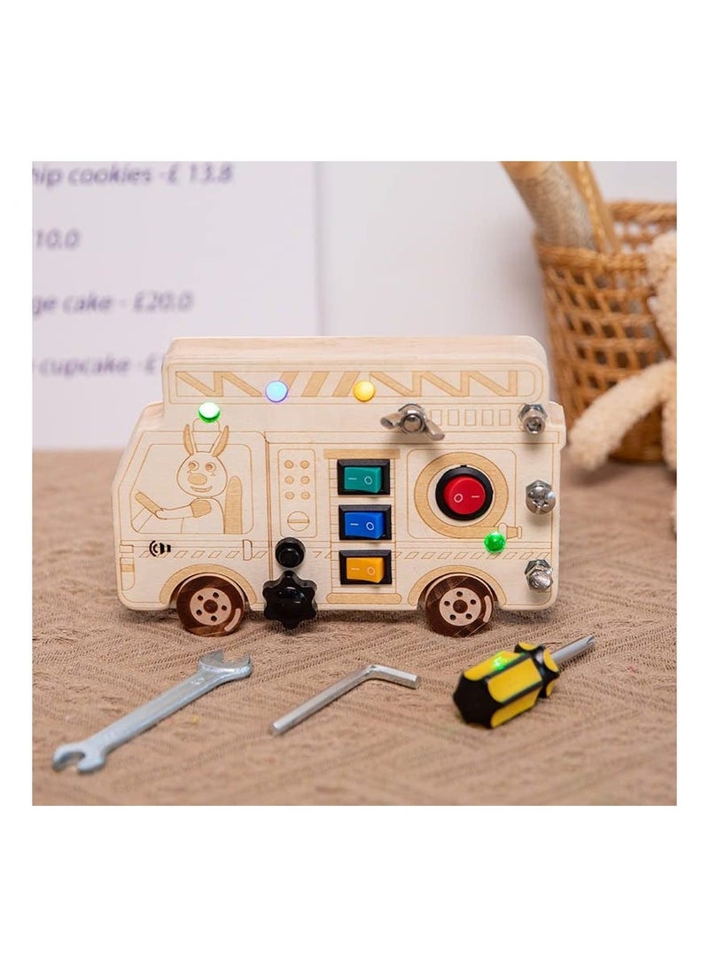 3-in-1 Busy Board with LED Light, Montessori Busy Board with Screwdriver Mini Set, Fire truck Fine Motor Skills Toys, Car Busy Board Wooden, with Buttons to Push Wooden Toys, Square Circuit Board
