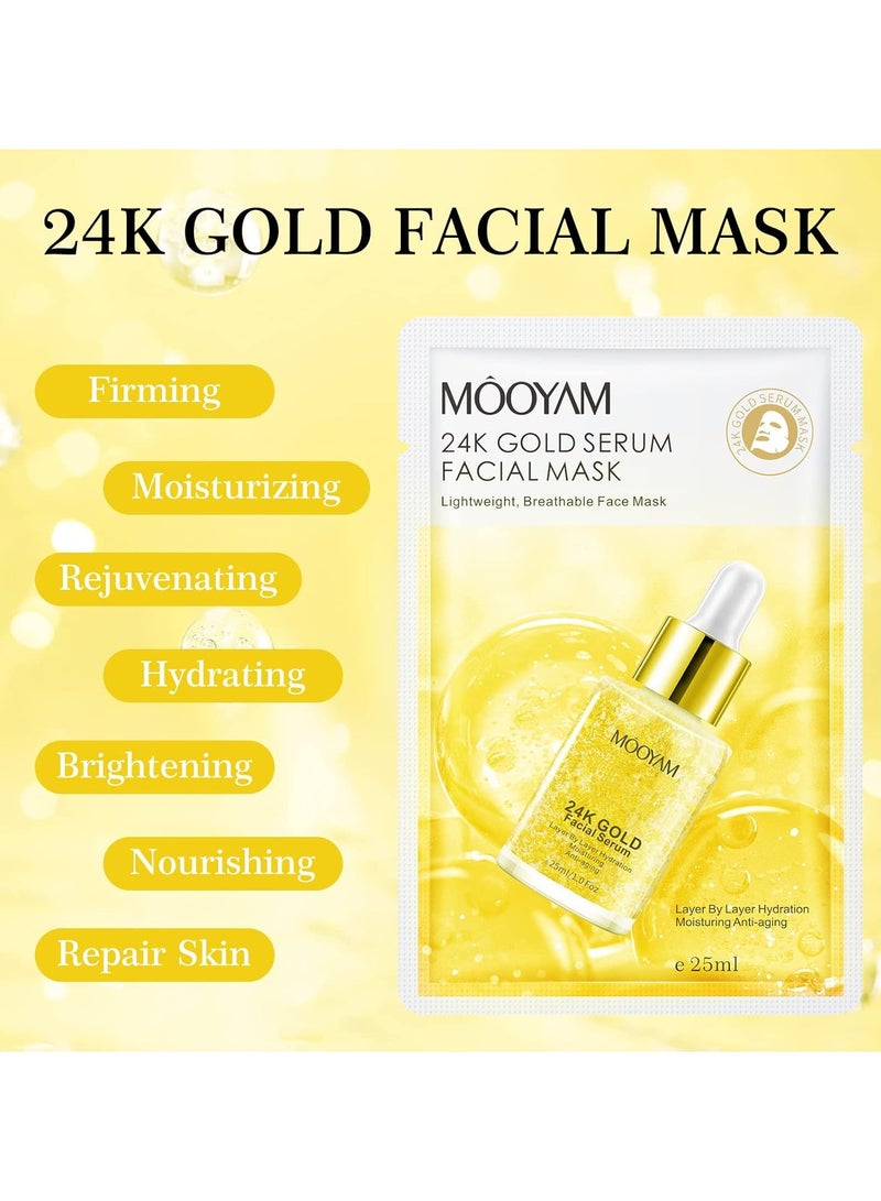 24K Gold Serum Facial Mask Pack of 5 Lightweight Breathable Face Mask Layer by Layer Hydration Moisturizing Anti-Aging Facial Sheet Mask Skin Care Pack of 5
