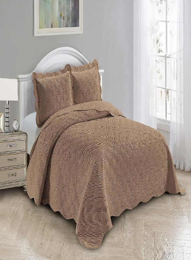 Fancy Linen 3pc Embossed Coverlet Bedspread Set Oversized Bed Cover Solid Modern Squared Pattern New # Jenni (Full/Queen, Taupe)