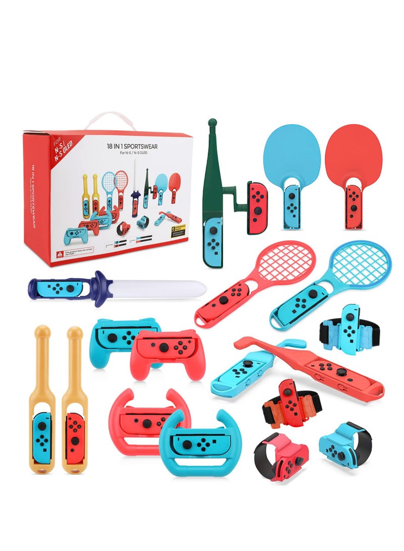 18 in 1 Switch Sport Games Accessories Bundle for Nintendo Switch Games, Family Bundle Accessory Kit with Tennis Racket Controller Grips Racing Wheel Bandage Golf Club Wheels Drum Stick Fishing Rod