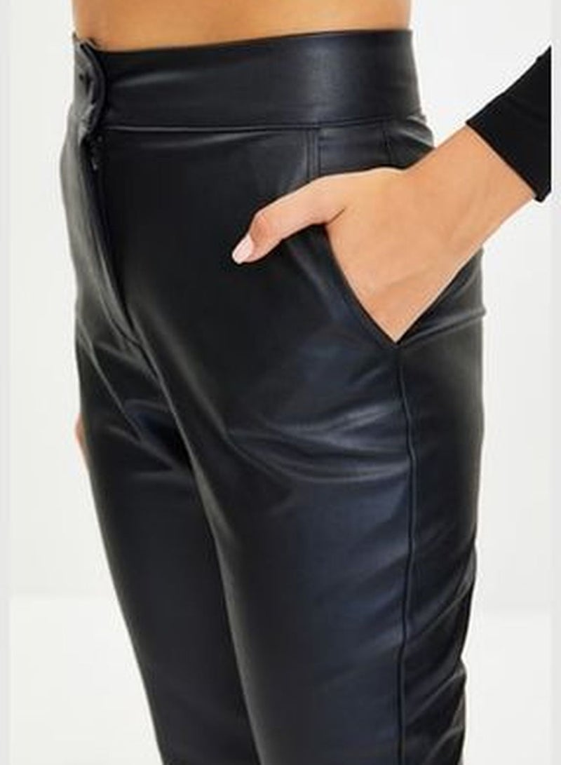 Black Cigarette Woven Faux Leather Pants TWOAW22PL0290