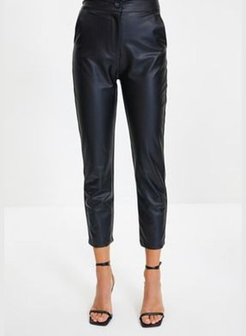 Black Cigarette Woven Faux Leather Pants TWOAW22PL0290