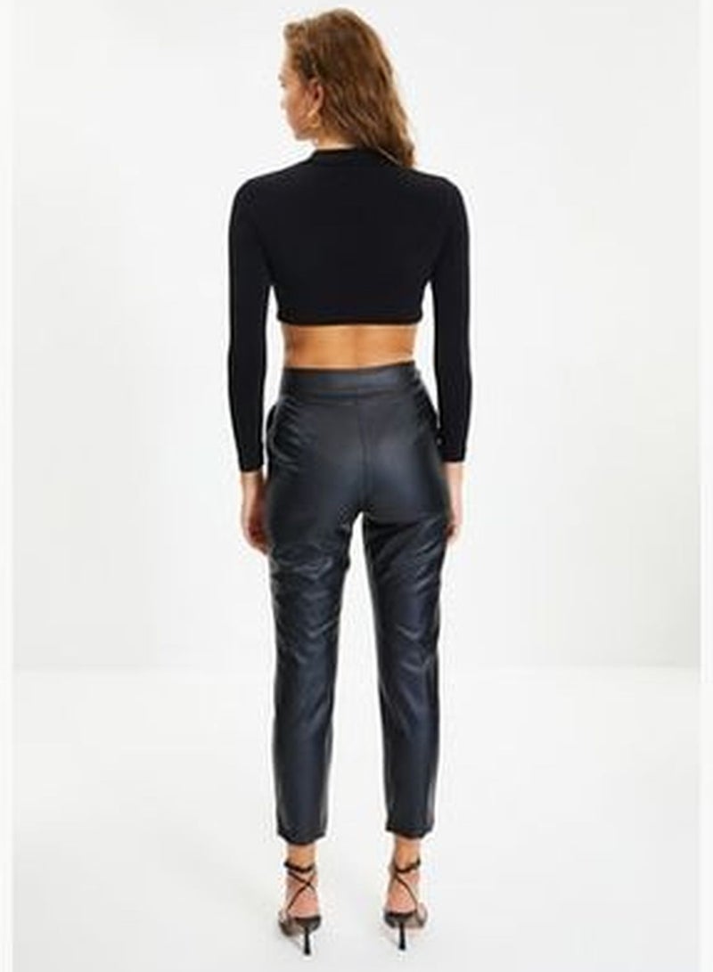 Black Cigarette Woven Faux Leather Pants TWOAW22PL0290