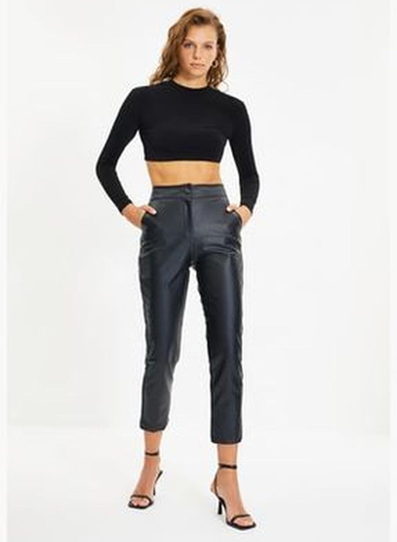 Black Cigarette Woven Faux Leather Pants TWOAW22PL0290