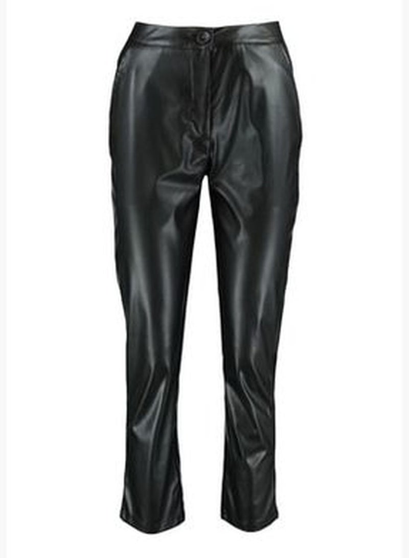 Black Cigarette Woven Faux Leather Pants TWOAW22PL0290