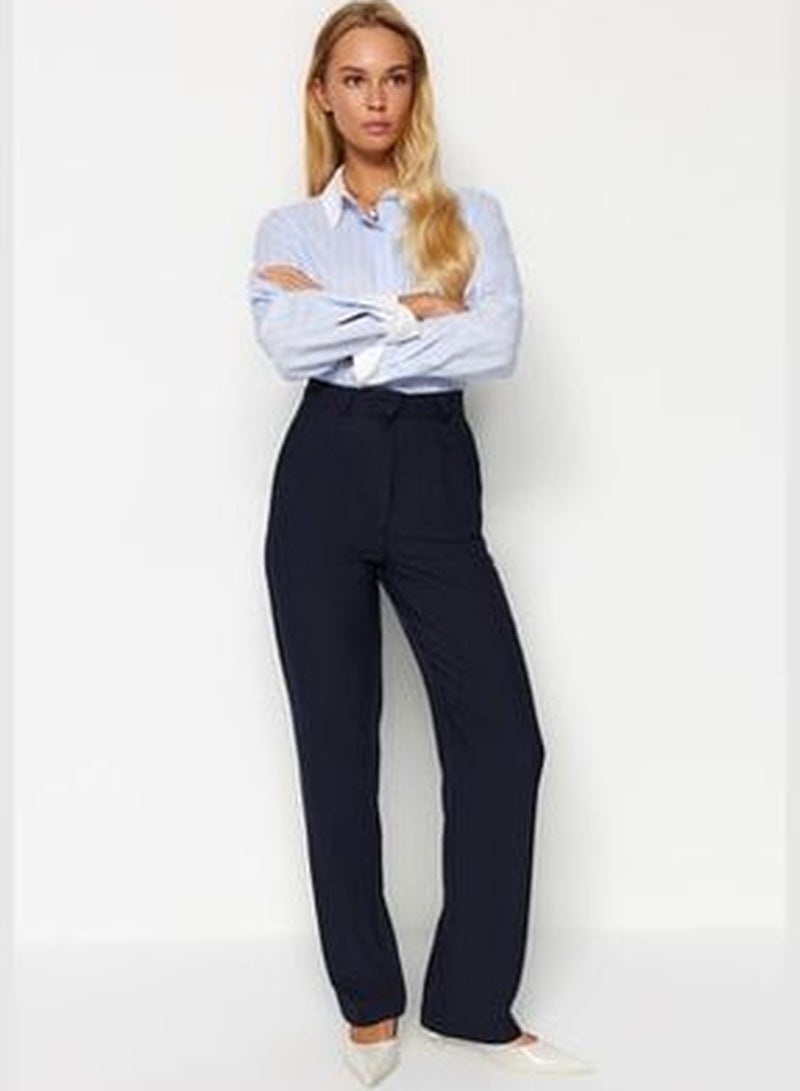Navy Blue Straight Cut Wide Leg Pleated Woven Trousers TWOSS21PL0155.