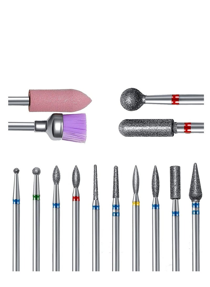 Nail Drill Bits Set, 14pcs Professional Rotary Burrs Diamond Cuticle Remover Bits Kit 3/32