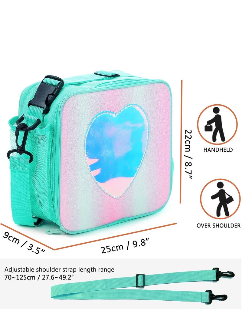 Children's Lunch Box, Rainbow Laser Tote Leakproof Insulated Lunch Bag Reusable Insulated Bento Bag Picnic Ice Bag Girls Simple Shoulder Bag for School and Outdoor Backpack (Green)