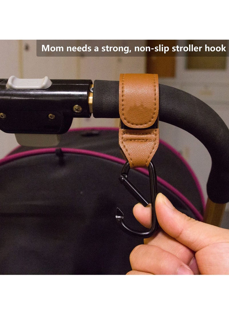 Baby Stroller Hooks Bag Hooks for Hanging Diaper Bags Multipurpose Velcro Hooks for Grocery Shopping Bags Premium Vegan Leather Pram Straps 2 Pcs, Brown