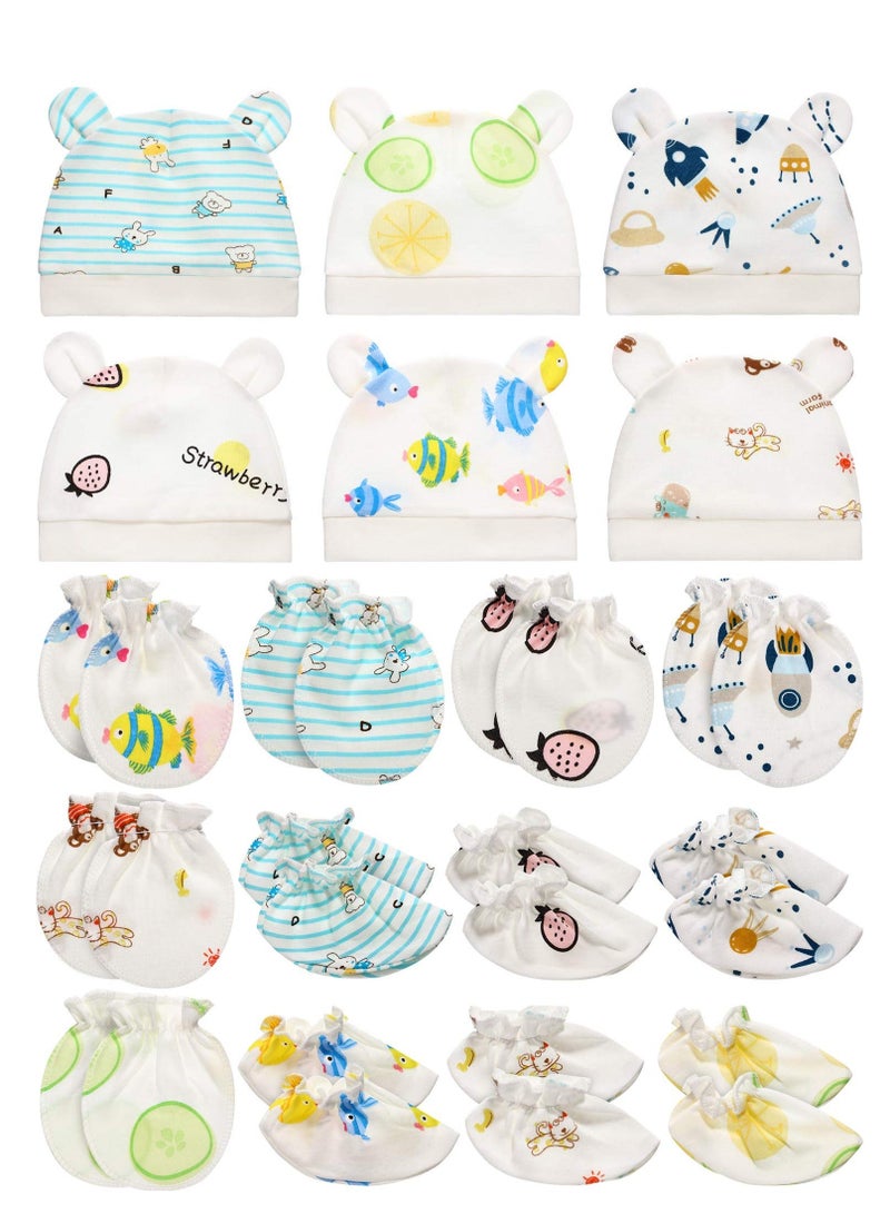 18 Pieces Newborn Cap Mitten Sock Including 6 Pieces Newborn Hats 6 Pairs Baby No Scratch Mittens Gloves and 6 Pairs Infant Socks for Unisex Baby Boys Girls Set Multicoloured