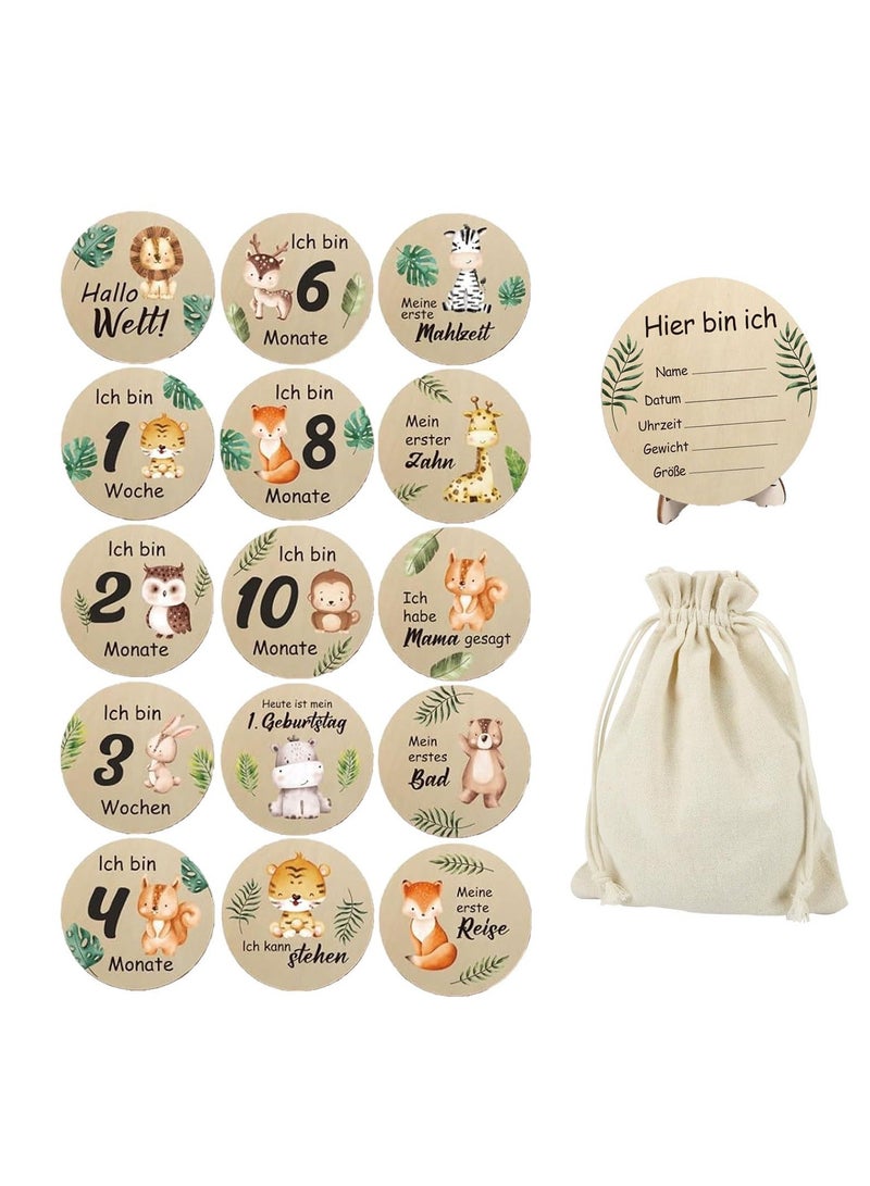 Monthly Milestone Photo Cards for Baby's First Year 15 Pcs Wooden Newborn Welcome Discs Sign Double Sided Photo Prop with Stand Exquisite Animal Pattern Pregnancy Journey Milestone Markers