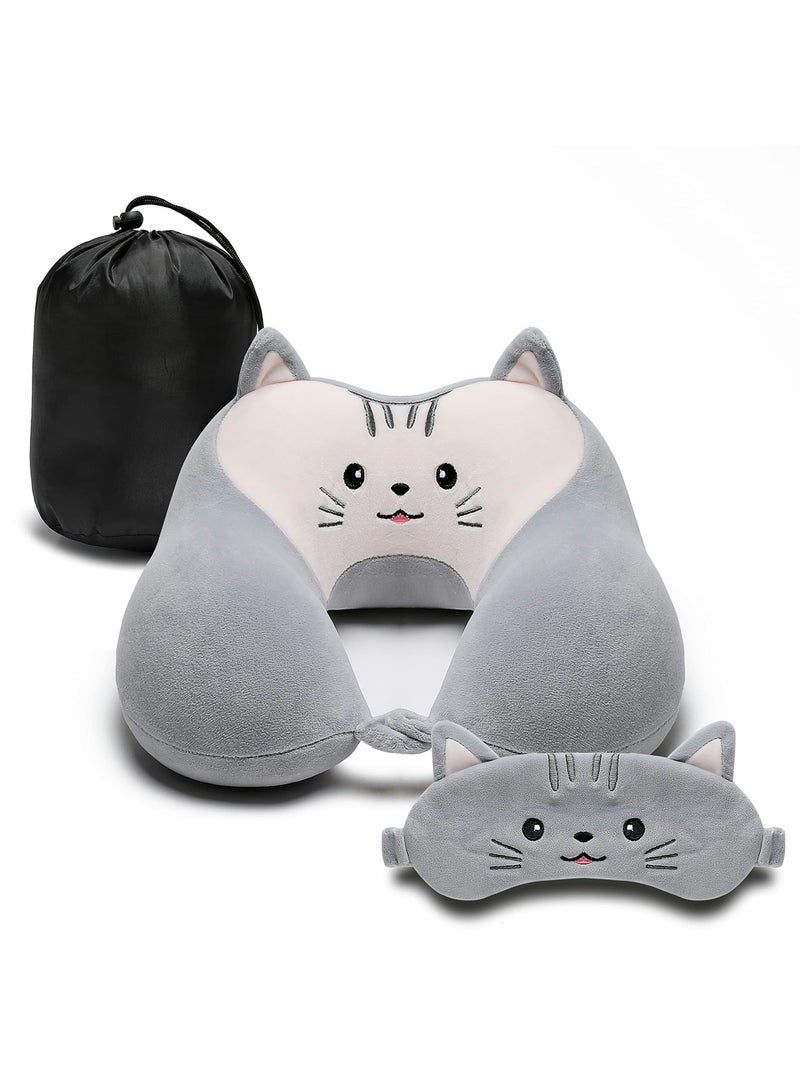 Travel Pillow for Kids and Adults, Cute Animal Memory Foam Neck Pillow with Soft Fleece Cover and Eye Mask Set, Airplane Pillow Travel Kit with Drawstring Organizer Bag, Machine Washable (Kitten)