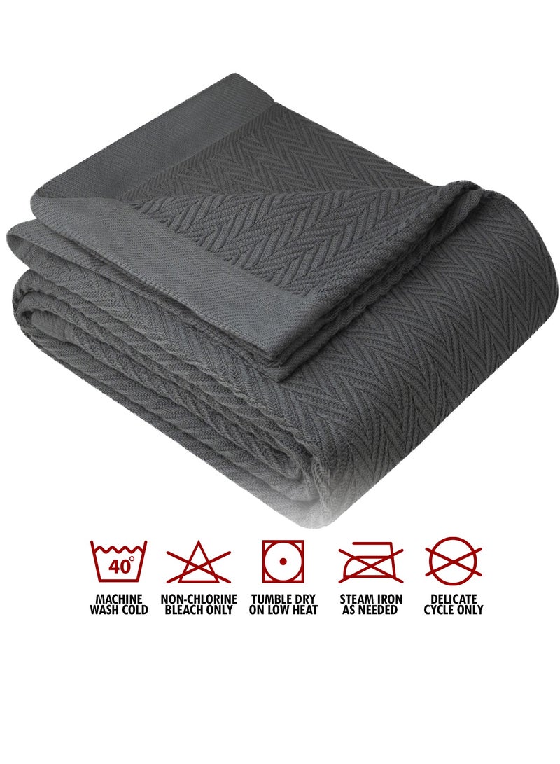 Luxurious Thermal Cotton Blanket Grey Queen – Herringbone 405 GSM 230cm x 230cm 100% Long Staple Throw Cotton Blankets for All Seasons – Soft Blanket for Bed by Infinitee Xclusives
