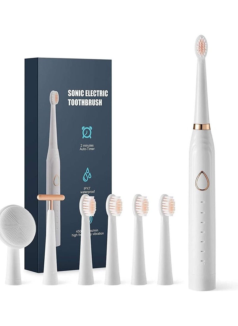 Electric Toothbrush Adult USB Charging Ultrasonic Vibration with 6 Brushing Modes Smart Timer and IPX7 Waterproof with 5 Brush Heads 1 Face Washing Headand 1 Facial Massage Brush Head