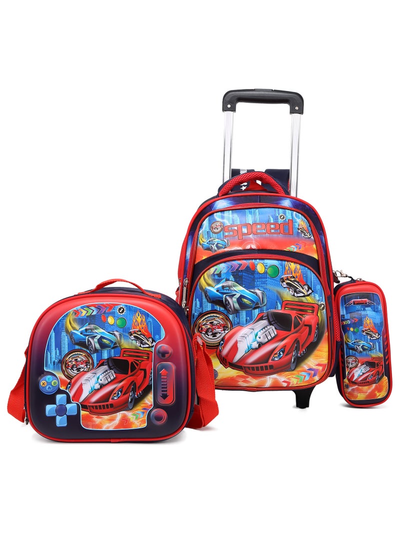 Baby Backpack 3Pcs For Baby Boys 1 lunch 1 Pencil Box And 1 Bag With Adjustable Strap For School 2 Wheels 14 Inch