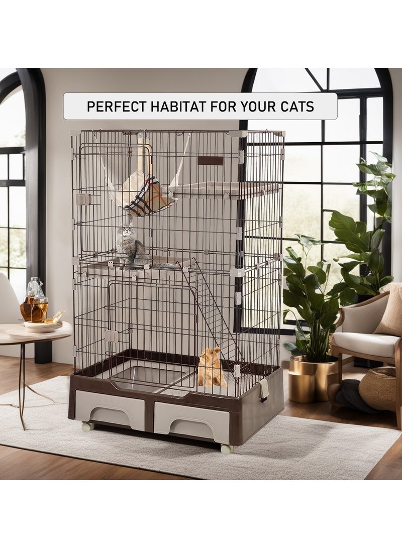 Cat cage playpen with litter box, Pet cage large space 120 cm, Chocolate cat cage with 1 Scoop 2 Platforms 2 Front Doors 1 Ladder and Hammock, Indoor and outdoor cat cage with wheels