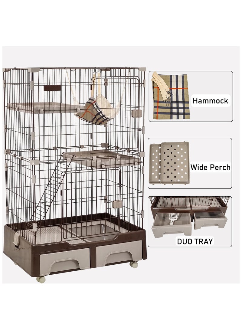 Cat cage playpen with litter box, Pet cage large space 120 cm, Chocolate cat cage with 1 Scoop 2 Platforms 2 Front Doors 1 Ladder and Hammock, Indoor and outdoor cat cage with wheels