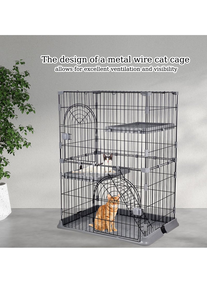 Large 2-tier cat cage, Strong quality cage, 2 Large doors with mobile spring door lock, Cat ladder, and 2 large widened floors, Indoor cat cage, suitable for multiple cats (Black, Gray)