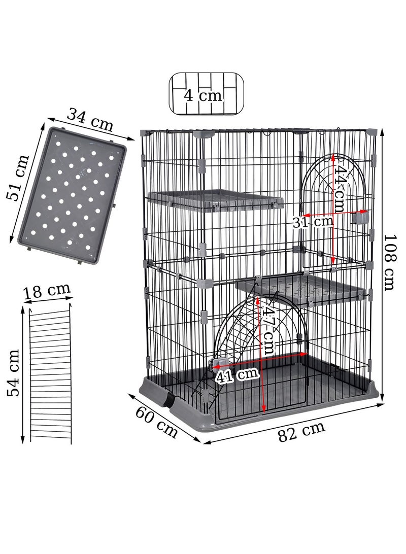 Large 2-tier cat cage, Strong quality cage, 2 Large doors with mobile spring door lock, Cat ladder, and 2 large widened floors, Indoor cat cage, suitable for multiple cats (Black, Gray)