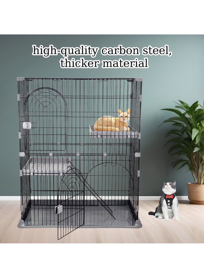 Large cat cage, Durable & strong quality cage, 2 Large door with arched design and Spring door lock, Double layer partition, 2 widened floor and Cat ladder, Easy to assemble. (Black/Gray)