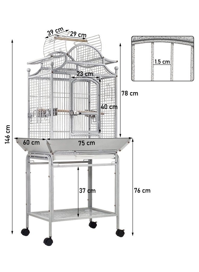 Parrot cage with a rooftop play area, Removable tray, and Storage shelf organizer, a Luxury large size bird cage for parrot canary macaw budgie and more, 146 cm (white)